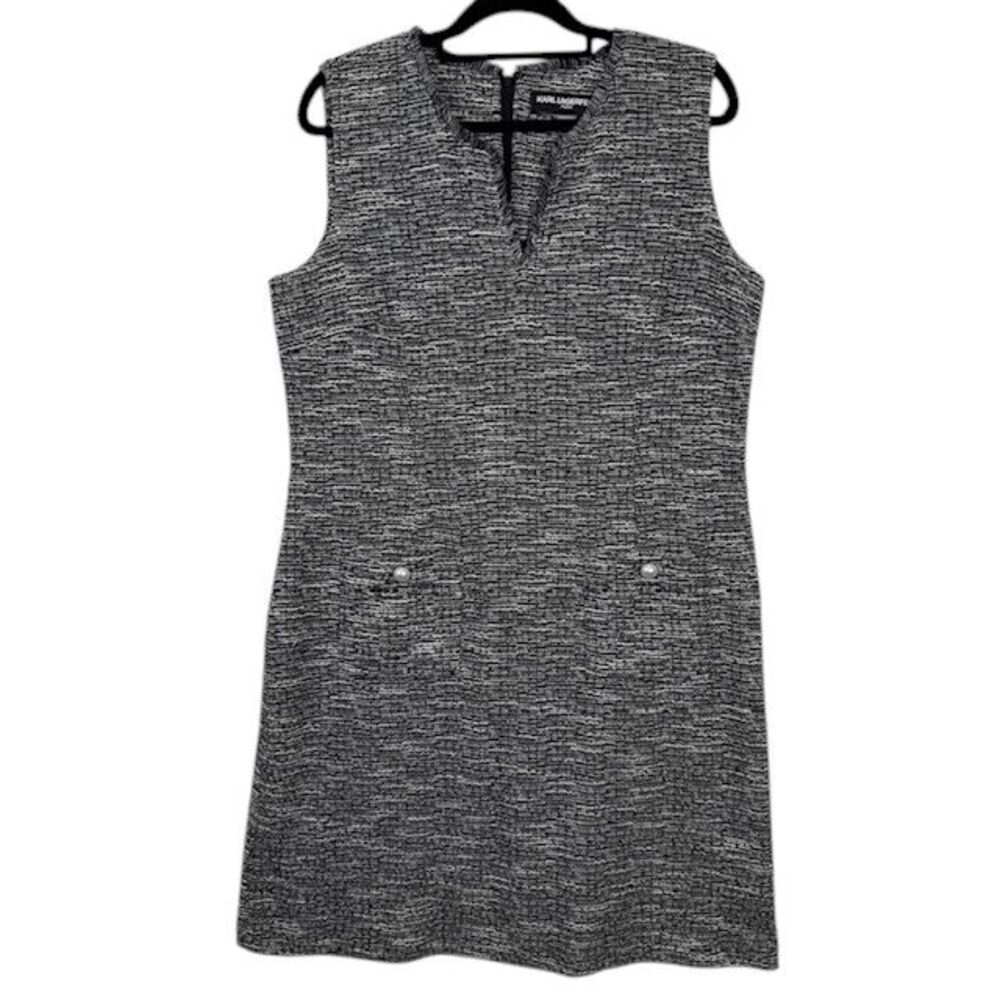 Karl Lagerfeld Paris Sleeveless Navy Tweed Sheath Dress Pearl Pockets Size 14